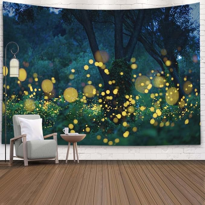 EMMTEEY Forest Tapestry - Dark Lampyridae Night Trees Lightning Fireflies Nature Fantasy 60X40 - Present for Families