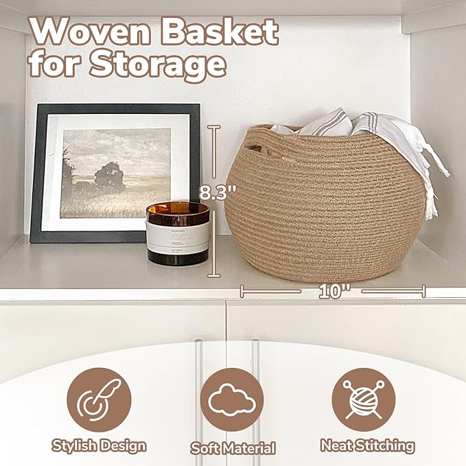 Goodpick Wicker Storage Basket for Living Room, Small Round Woven Basket for Toys, Towel, Bedroom, Children Corner Decoration Plant Baskets Indoor, Jute, 10"D x 8.3"H
