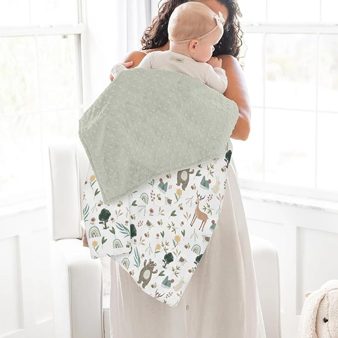 Whimsical Animals Baby Blankets for Girl Boy Cute Animals Spring Soft Mink Dotted Backing Double Layer Swaddle Blanket Bear Deer Bunny Rainbow Greenery Bed Throw for Infant Toddler Nursery 30x40