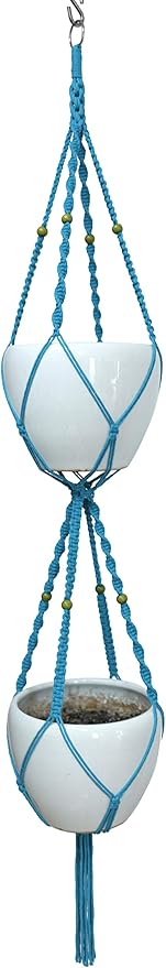 Macrame Plant Hanger & Holder, Hanging Planter 4 Legs Double Deck for 8 inch to 10 inch Two Pots Indoor Outdoor Hanging Planter Cotton Rope 67 Inch with Metal Ring (Cotton-Turquoise)
