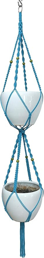 Macrame Plant Hanger & Holder, Hanging Planter 4 Legs Double Deck for 8 inch to 10 inch Two Pots Indoor Outdoor Hanging Planter Cotton Rope 67 Inch with Metal Ring (Cotton-Turquoise)