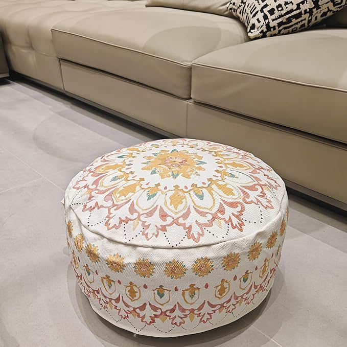 MOCOFO Round Bohemian Ottoman Pouf Cover, 18 Inch, Cotton Blend, Church Window Print, Living Room Storage Footrest, Cover Only (Light Tie-dye Pink)