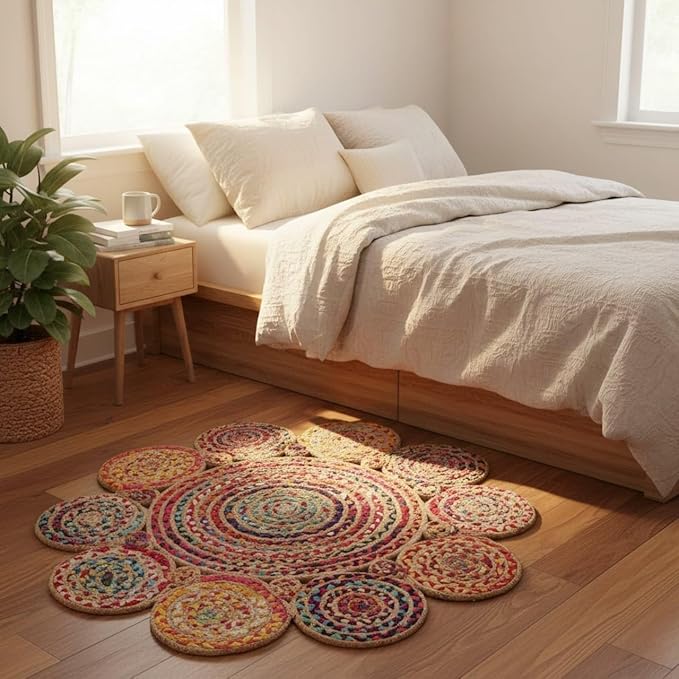 Jute Cotton Braided Boho Area Rug, 2' Round - Natural, Handmade, Hand Woven Farmhouse Reversible Rugs for Living Room, Kitchen, Bedroom, Hallway, Entryway - 2 Feet Round Multicolor