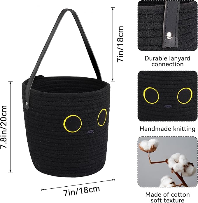 Hanging Basket, Small Black Cat Easter Woven Basket with Leather Handle, Cotton Rope Wall Storage Basket for Plants Toys Remotes (7.8x7 in)