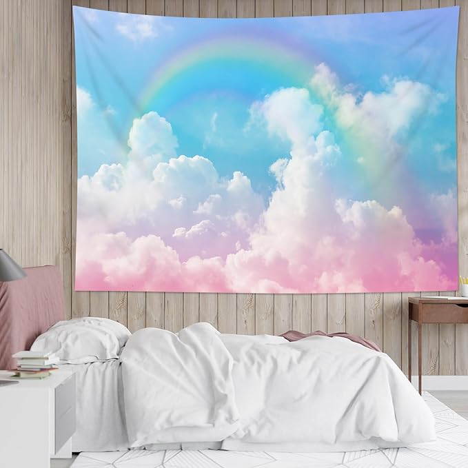 LB Cloud Rainbow Wall Tapestry Pastel Rainbow Pink White Cloud with Blue Sky Tapestry Nature Landscape Wall Decor for Bedroom Living Room Dorm 59Wx51L Inches