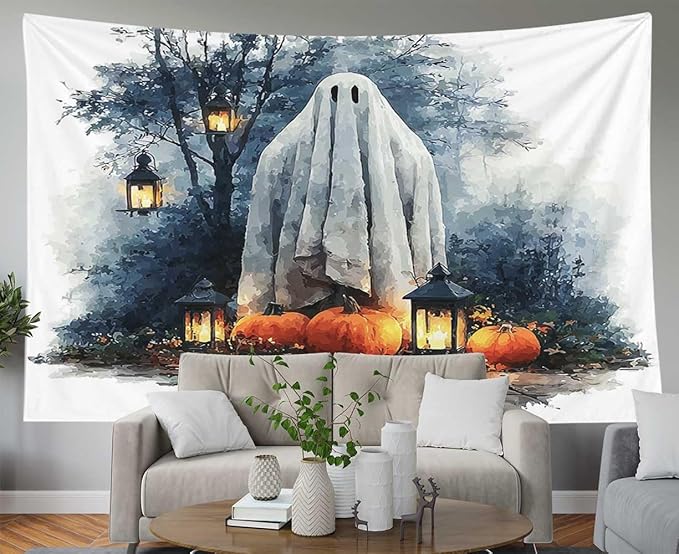EMMTEEY Horror Tapestry Happy Halloween Ghost Pumpkins Ceiling Tapestry 60X50 Horizontal Wall Art for Bedroom Living Room Fall Backdrop