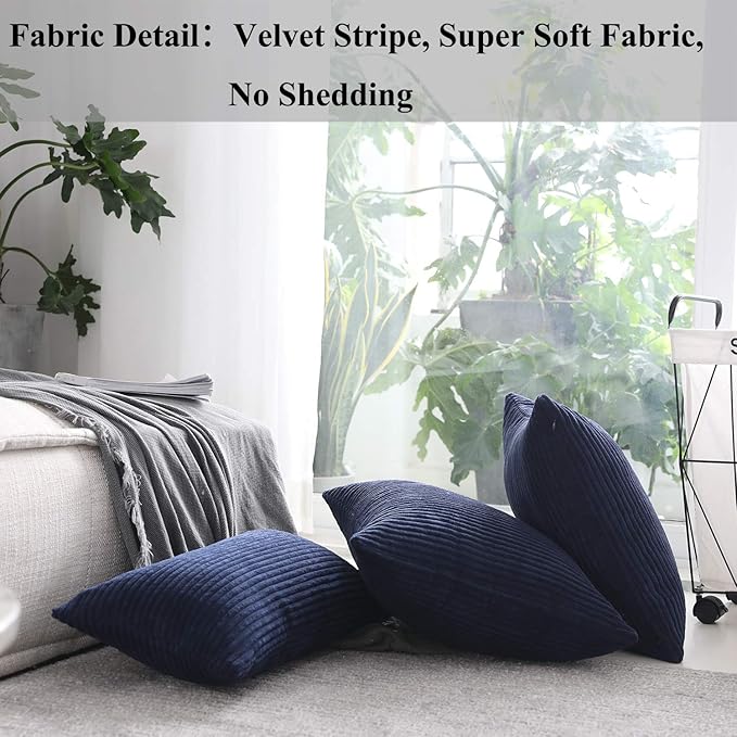Home Brilliant Decoration Pillow Covers for Decoration Solid Soft Striped Velvet Corduroy Plush Set of 2 Throw Cushion Cover for Square Pillows, 50cm, 20 x 20 Inch, Navy Blue