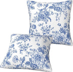 Chinoiserie Blue and White Flowers Throw Pillow Covers 16x16 Set of 2, Vintage Blue Floral Pillow Covers Outdoor Decorative Pillow Case for Couch Bed Sofa Cushion Home Decor