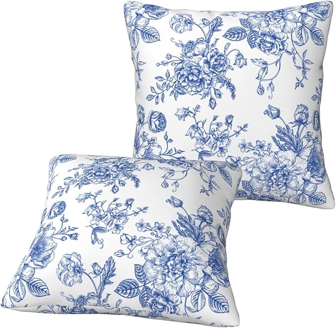 Chinoiserie Blue and White Flowers Throw Pillow Covers 16x16 Set of 2, Vintage Blue Floral Pillow Covers Outdoor Decorative Pillow Case for Couch Bed Sofa Cushion Home Decor