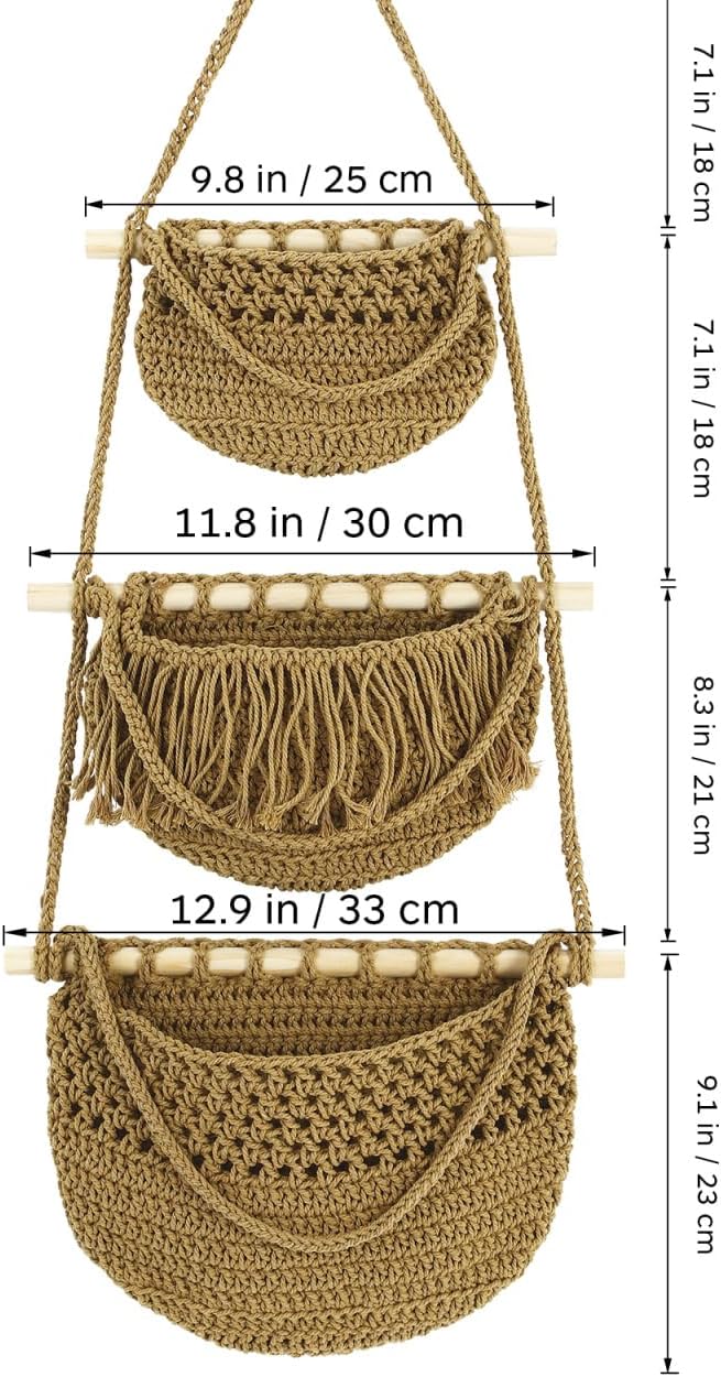 Cabilock 3 Tier Hanging Fruit Basket for Kitchen - Boho Macrame Woven Wall Storage for Onion and Potato, Space-Saving Cotton Rope Produce Organizer for Pantry & Bathroom