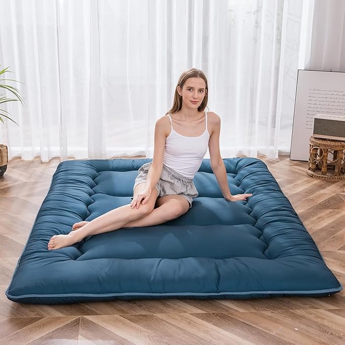 MAXYOYO Japanese Floor Mattress Futon Mattress, Thicken Sleeping Pad Foldable Roll Up Floor Futon for Adults Tatami Mat Dormitory Bed Lounger, Bluestone, Full Size