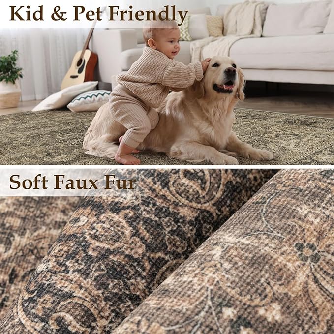 9x12 Brown Area Rug Vintage Living Room Bedroom Washable Carpet Non-Slip Soft Medium Pile Distressed Indoor Large Throw Rug for Dining Room Office