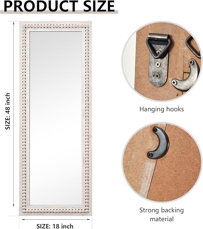H HOMEWINS Rustic Full Length Mirror,18x48 Inch Farmhouse Boho Bathroom Full Body Nursery White Beads Decor Wall-Mounted Mirror for Bedroom, Living Room,Vanity,Entryway,Over Sink