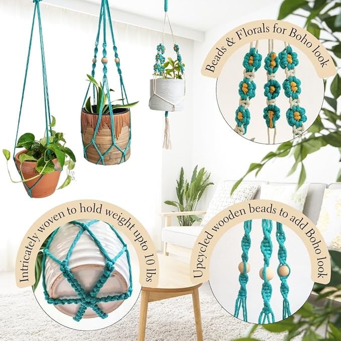 Set of 3 Macrame plant hangers with Daisies & Beads Hanging plant holder Macrame Plant hangers outdoor and indoor hanging planters Plant stand indoor Boho Decor hanging planter stand (Ocean Teal)