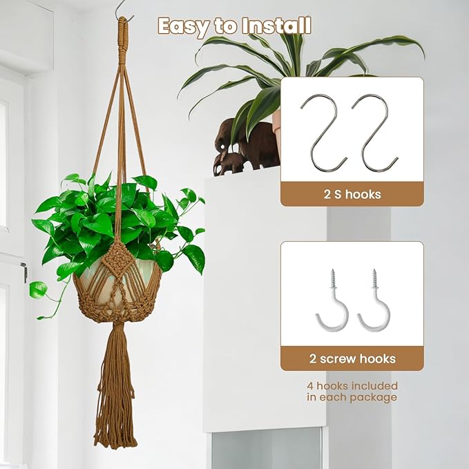 Hanging Planter with Patterns,2Pcs Macrame Plant Holder Rope with S Shaped Hooks,Indoor Macrame for up to 8 inch Pot Crochet,Boho Plant Hanger Holder for Indoor Outdoor