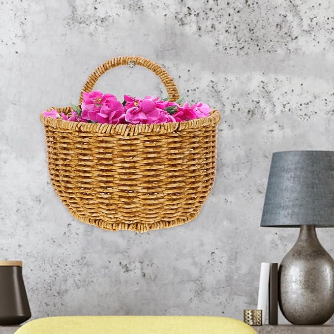 TEHAUX Hand Woven Hanging Basket for Kitchen Storage Lightweight Wall Mounted Rattan Style Organizer 7.08X5.90X5.11 Inches Space-Saving Container for Household Sundries