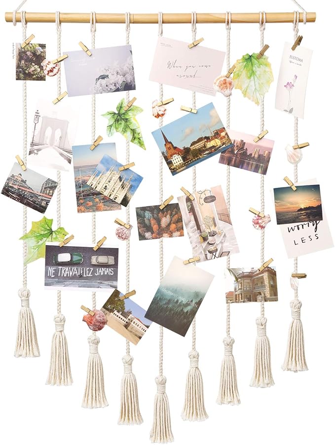 Mkono Teen Girl Room Decor Boho Macrame Hanging Photo Display, Pictures Cards Holder Wall Art for Bedroom Livingroom Dorm Home Teens Women Christmas Birthday Gift, with 40 Wood Clips, 37" L x 23.6''W