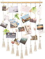 Mkono Teen Girl Room Decor Boho Macrame Hanging Photo Display, Pictures Cards Holder Wall Art for Bedroom Livingroom Dorm Home Teens Women Christmas Birthday Gift, with 40 Wood Clips, 37" L x 23.6''W