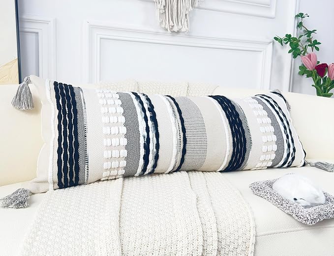 Chenille and Cotton Long Pillow for Bed, Striped Textured Boho Lumbar Throw Pillow Cover 16x36, Neutral Accent Decorative Extra Long Body Pillow Case for Couch, Sofa, Bedroom, Black and White