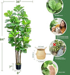 7ft Artificial Fiddle Leaf Fig Tree with Woven Seagrass Plant Basket, Fake Tree Indoor Faux Plant for Living Room Office Floor Home Decor (84 in)