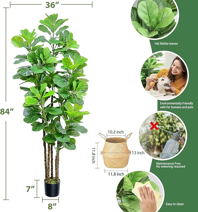 7ft Artificial Fiddle Leaf Fig Tree with Woven Seagrass Plant Basket, Fake Tree Indoor Faux Plant for Living Room Office Floor Home Decor (84 in)