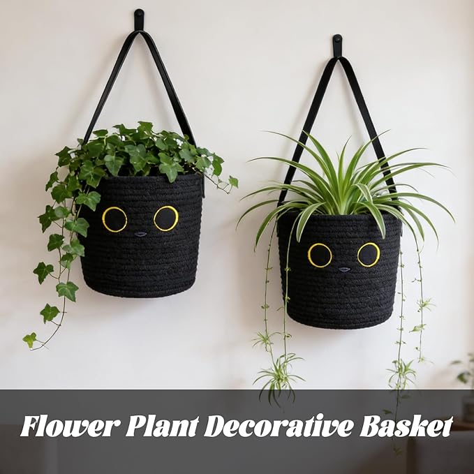 Hanging Basket, Small Black Cat Easter Woven Basket with Leather Handle, Cotton Rope Wall Storage Basket for Plants Toys Remotes (7.8x7 in)