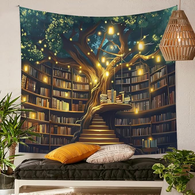 Jhdstore Tree of life Tapestry Wall Hanging Fantasy Library Tapestry for Bedroom Mysterious Tree Bookshelf Tapestries Room Decor 36"x48"