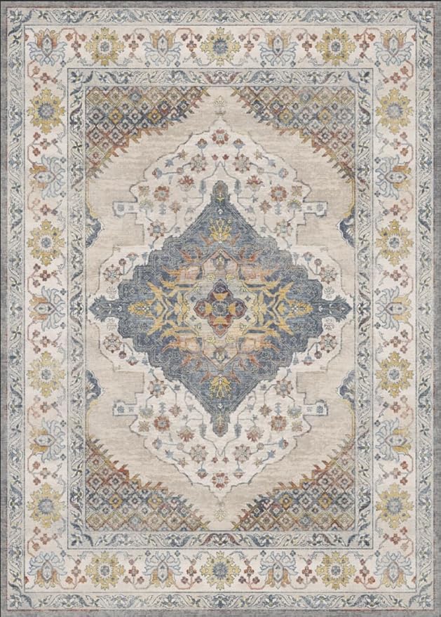 GENIMO 5x7 Area Rugs for Living Room, Machine Washable Non Slip Rugs, Low Pile Lightweight Print Rug for Bedroom, Dining Room, Home Office, Vintage Cream/Blue