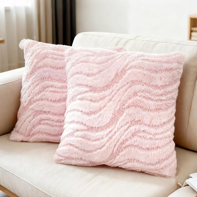 Pink Pillow Covers 18" x 18" Faux Fur Striped Decorative Pillow Covers for Couch Boho Fluffy Blush Throw Pillow Covers for Sofa Outdoor Bed Chair Livingroom - 2 Pieces