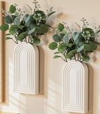 DREAMLOOM 2 Pack Wooden Wall Vases with Fake Plants, Wall Hanging Planters Boho Modern Farmhouse Indoor for Narrow Spaces Entryway Bathroom Home Office Decoration, White