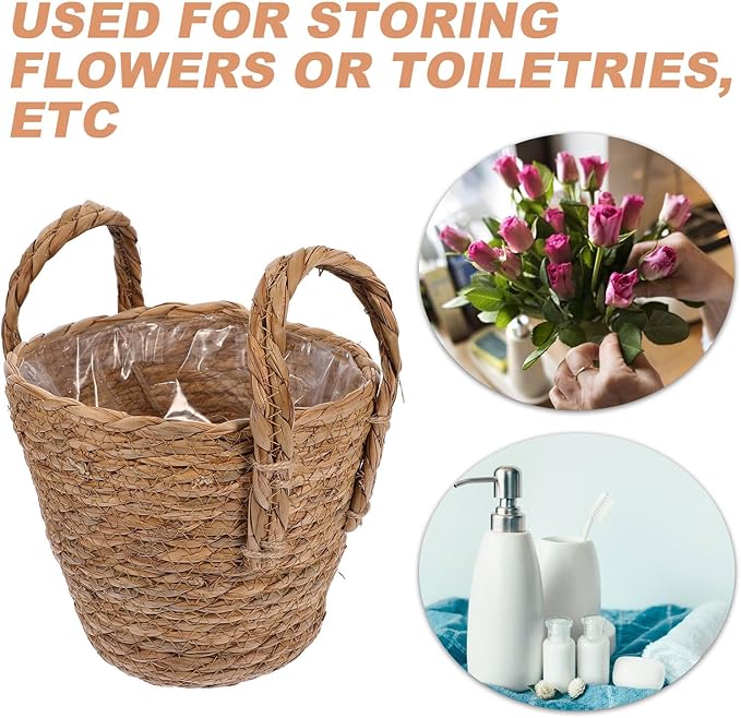 GALPADA Braided Straw Flowerpot Basket with Handles, 16cm Diameter Handmade Planter for Indoor Plants, Boho Retro Style Plant Basket for Home Décor and Greenery