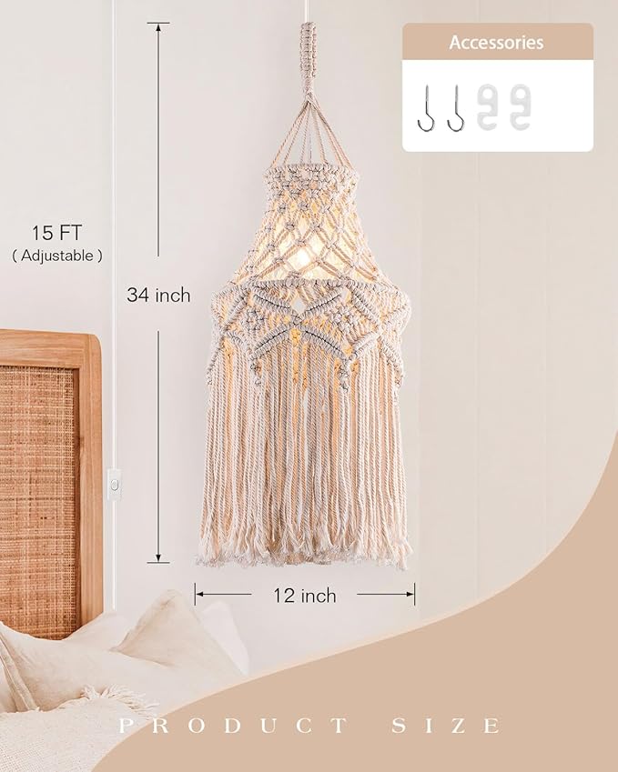 Boho Plug in Pendant Light Macrame Lamp Shade, Hanging Lamp with Plug in Cord,On/Off Switch,Bohemian Hanging Light Fixtures That Plug Into Wall Outlet for Bedroom Decor Living Room