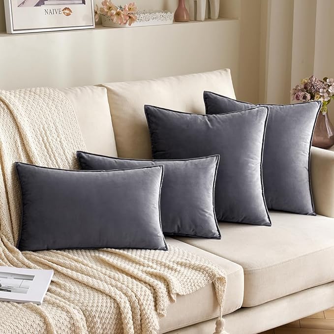 MIULEE Dark Grey Velvet Throw Pillow Covers 24x24 Soft Decorative Solid Square Euro Sham Cushion Cases Pack of 2 Modern Luxury Home Decor for Couch, Sofa, Bedroom