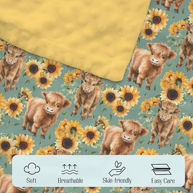 Mink Baby Girls Blankets Highland Cow Sunflower, Western Cowgirl Calf Flower Soft Double Layer Dotted Backing Receiving Swaddle, Newborn Infant Toddler Nursery Crib Bedding Shower Gift 30 x 40