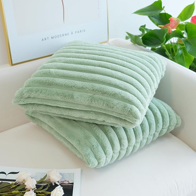 JOJUSIS Pack of 2 Faux Fur Plush Decorative Throw Pillow Covers Couch Cushion Case Soft Pillowcases (Sage Green, 22 x 22-Inch)