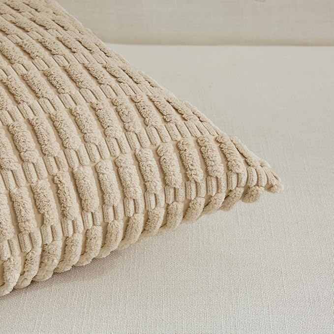Fancy Homi 4 Packs Tan Decorative Throw Pillow Covers 18x18 Inch for Living Room Couch Bed Sofa, Beige Rustic Farmhouse Boho Home Decor, Soft Plush Striped Corduroy Square Cushion Case 45x45 cm