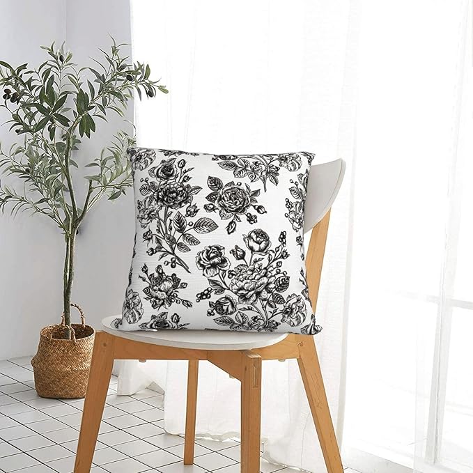 Black Floral Throw Pillow Covers 18x18 Inch Vintage Flower Black White Decorative Pillow Covers Set of 2 Farmhouse Pillowcases Square Cushion Covers for Couch Bed Sofa Chair Car Decor