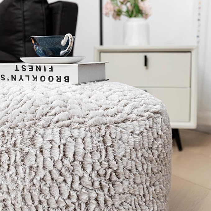 Asuprui Pouf Ottoman Unstuffed Ottoman Foot Rest No Filler Soft Fur Foot Stool 20x20x12 Inches Fuzzy Chair Floor Pouf Chair with Storage for Living Room Bedroom Snow Coffee