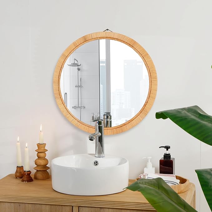 Rattan Wall Mirror - 20" Boho Round Bathroom Mirror Decorative Farmhouse Circle Mirror for Vanity Entryway Living Room Wall Decor