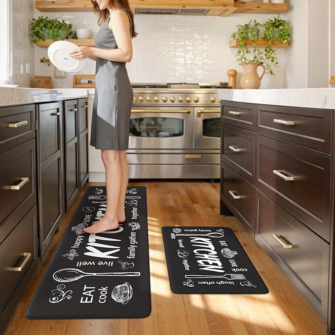 KIMODE Anti Fatigue Kitchen Mats, Farmhouse Kitchen Rugs Sets of 2,Non Slip Waterproof Kitchen Floor Mats,Ergonomic Cushioned Comfort Standing Mat for Home,Laundry,Office,Sink,Desk,Black