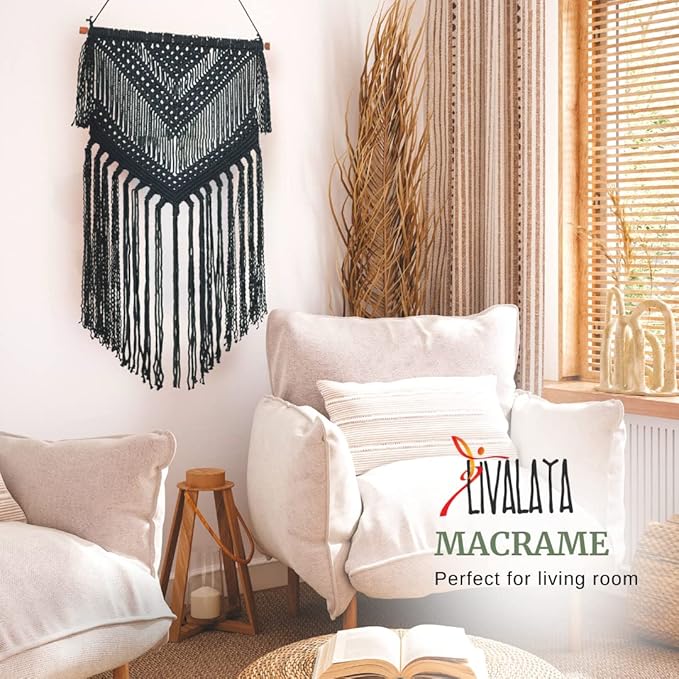 Livalaya Boho Black Macrame Woven Wall Hanging - Black 16 in x 36 in Modern Bohemian Tapestry wall Art Decor for House, Apartment, Dorm, Bedroom, Nursery, Party Decorations, Wedding, Wall Ornament