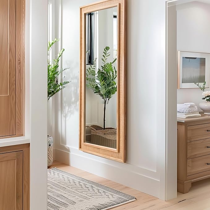 Rattan Full Length Mirror,14"x48" Long Rattan Wall Mirror,Wooden Mirror with Wicker Frame,Decorative Full Body Mirror Hanging,Farmhouse Rectangle Floor Mirror for Bathroom Living Dressing Room Nature