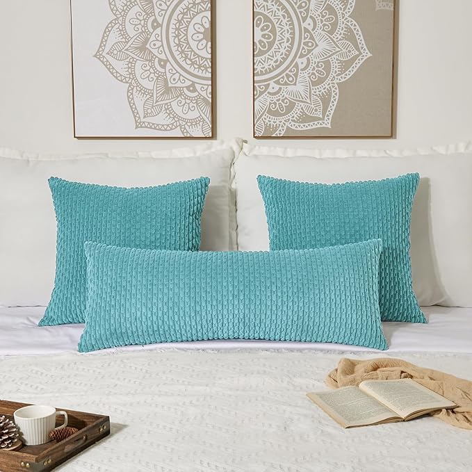 Kevin Textile 14x36 Inch Long Lumbar 1 Pack Boho Decorative Throw Pillow Cover Soft Striped Corduroy Rectangle Cushion Case Farmhouse Solid Color Accent for Living Room Couch Sofa Bed, Aqua Green