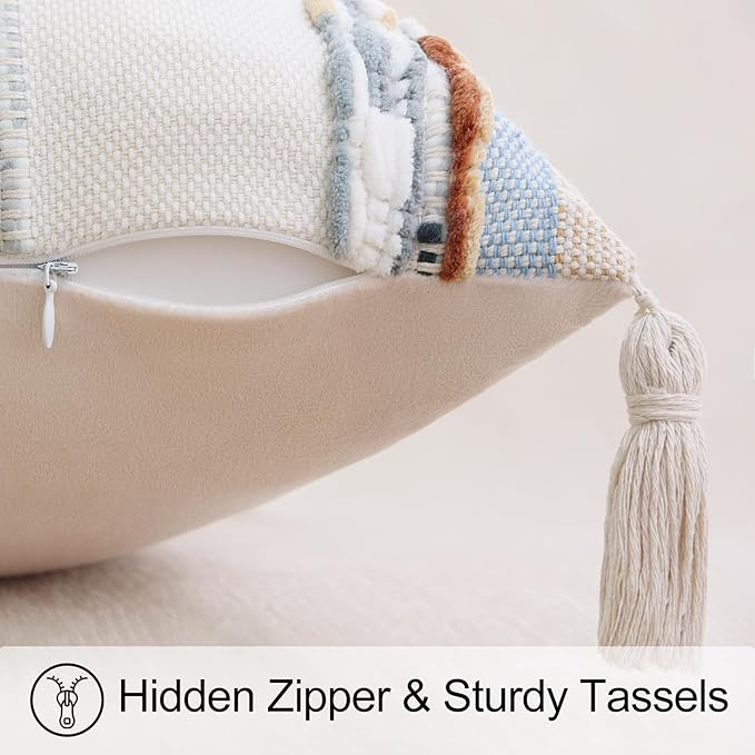decorUhome Boho Decorative Throw Pillow Covers 18x18 Set of 2, Striped Chenille Tufted Pillow Covers with Tassels for Couch Bed Sofa, Cream White and Light Blue