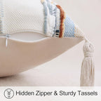decorUhome Boho Decorative Throw Pillow Covers 18x18 Set of 2, Striped Chenille Tufted Pillow Covers with Tassels for Couch Bed Sofa, Cream White and Light Blue