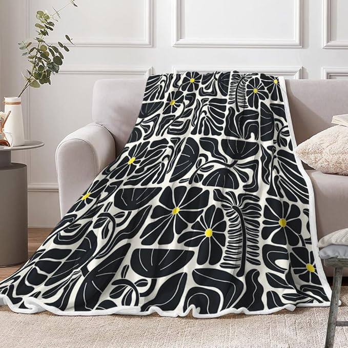 Boho Abstract Colorful Floral Throw Blanket, Vintage Retro Patchwork Black Flower Botanical Geometric Aesthetic Groovy Flannel Throw Blanket for Chair Bed Sofa Couch, 60X70IN