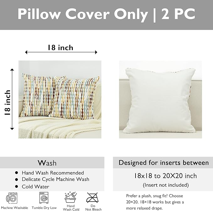 Boho Chenille Striped Pillow Cover 18x18 Inch, Decorative Pillow Cover for Couch Bed Sofa Living Room Bedroom Farmhouse Modern Home Decor Accent Pillowcases Set of 2, Multicolor