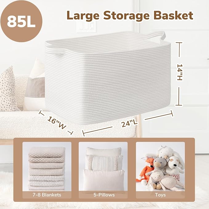 Goodpick 85L Large Woven Blanket Basket 23.6" x 15.7" x 13.8" Cotton Rope Storage Baskets for Organizing, Soft Dirty Clothes Basket for Bedroom Bathroom, Toy Baskets Storage Kids, White