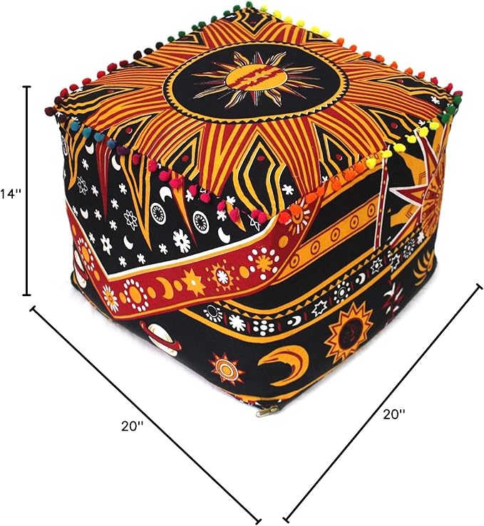 CRAFT KALA Square Mandala Floor Pillow Cushion Cover Seating Throw Cover Hippie Decorative Bohemian Ottoman Poufs Cover Pillow Cases Cotton Living Room Home Décor 20X20X14 inches, Orange Burning Sun