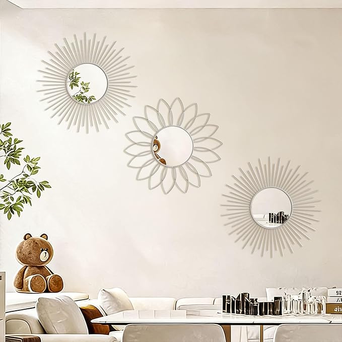 3 Pack Metal Mirrors for Wall Sunburst Wall Mirrors Home Décor Decorative Hanging Wall Art for Living Room Bedroom Entryway (White, Flower+Sunburst)